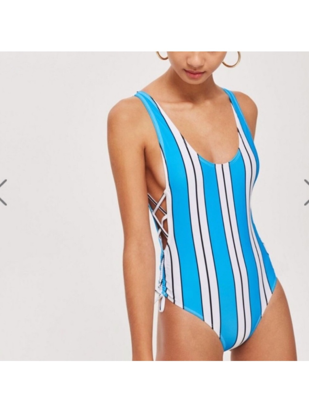 Topshop Blue & White Vertical Stripe One-Piece Swimsuit with Side Lace-Up